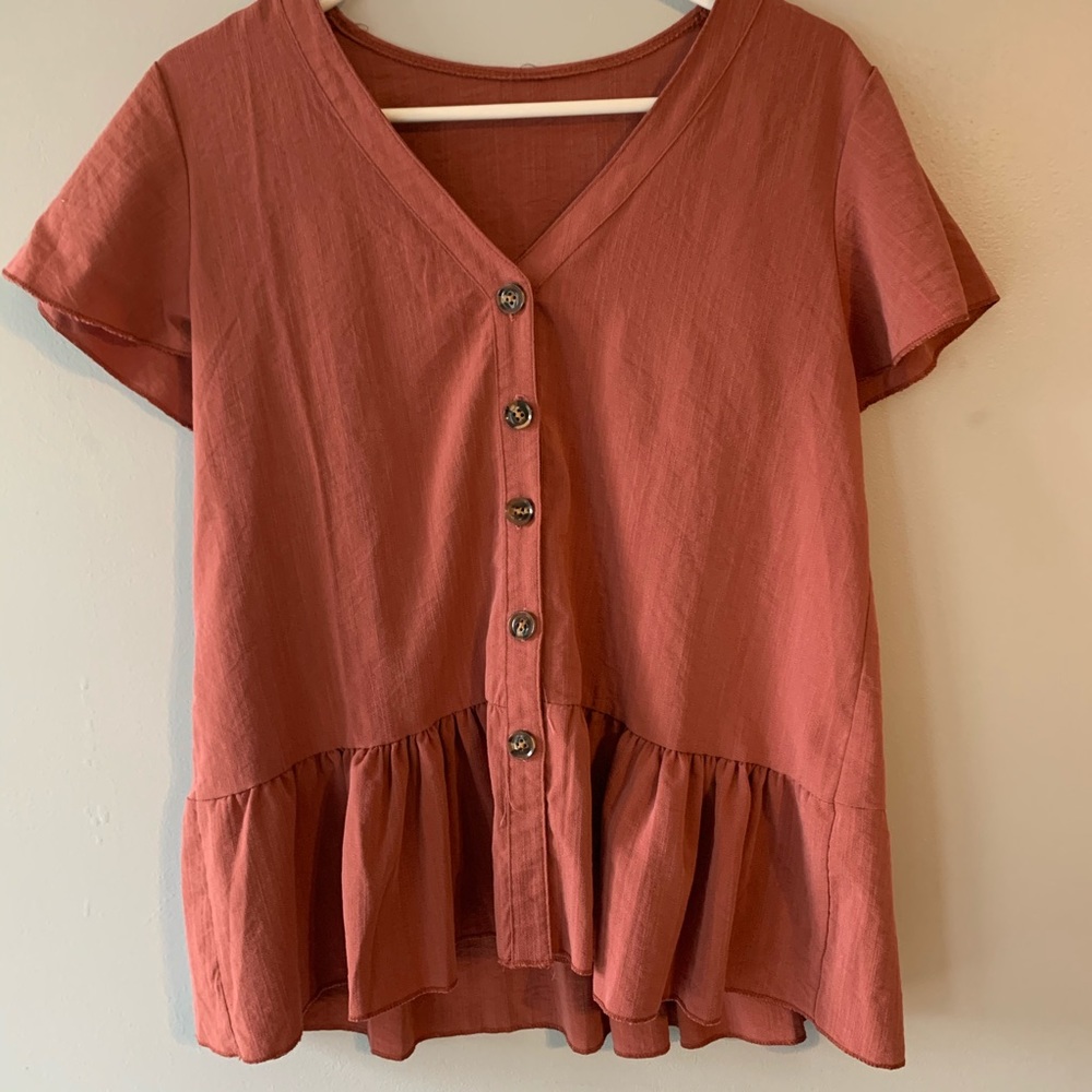 Button Ruffle Hem Blouse in Burnt Orange SHEIN